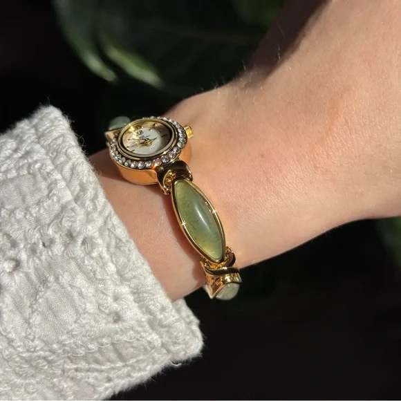 Retro Y2K Gold and Green Natural stones Vintage Watch bracelet Stainless steel - Picture 3 of 7
